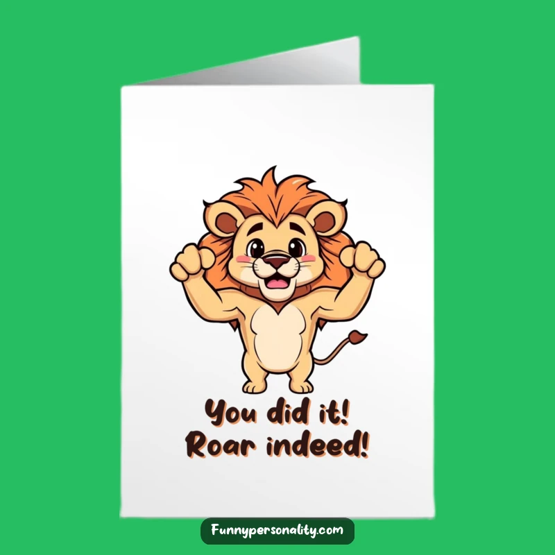 Free Printable Congrats Card: Lion Flexing Biceps, Humorous Downloadable Achievement Gift