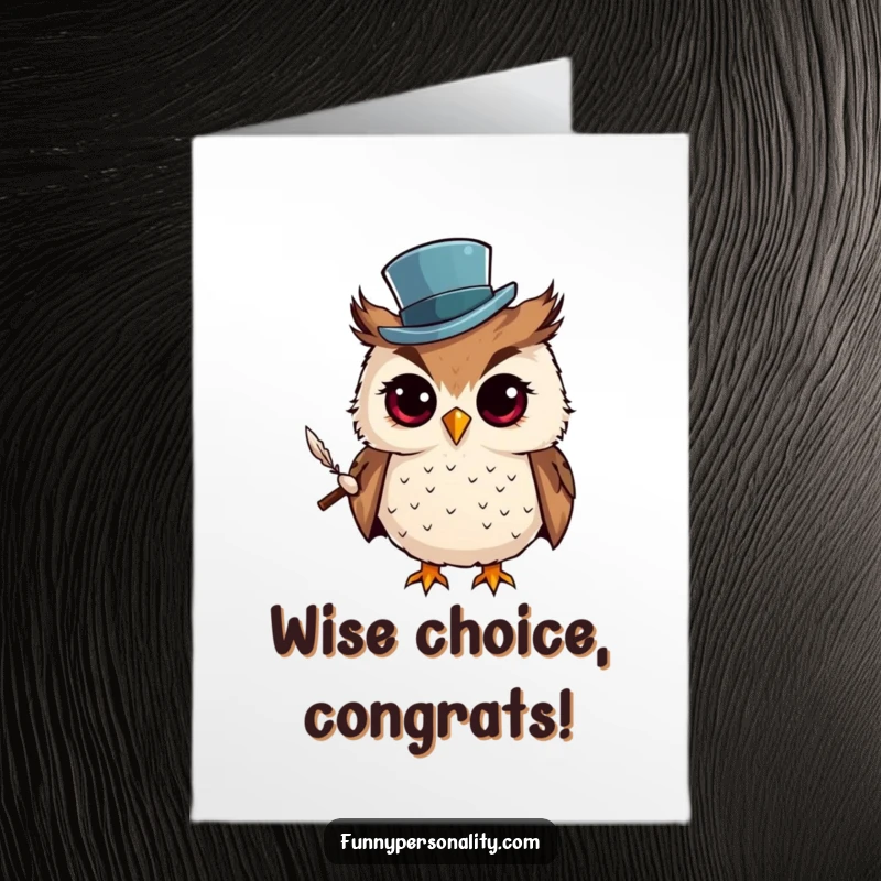 Funny Free Printable Congratulations Card: Owl wearing a tiny top hat, holding a quill, signifying a scholarly achievement and congratulations.
