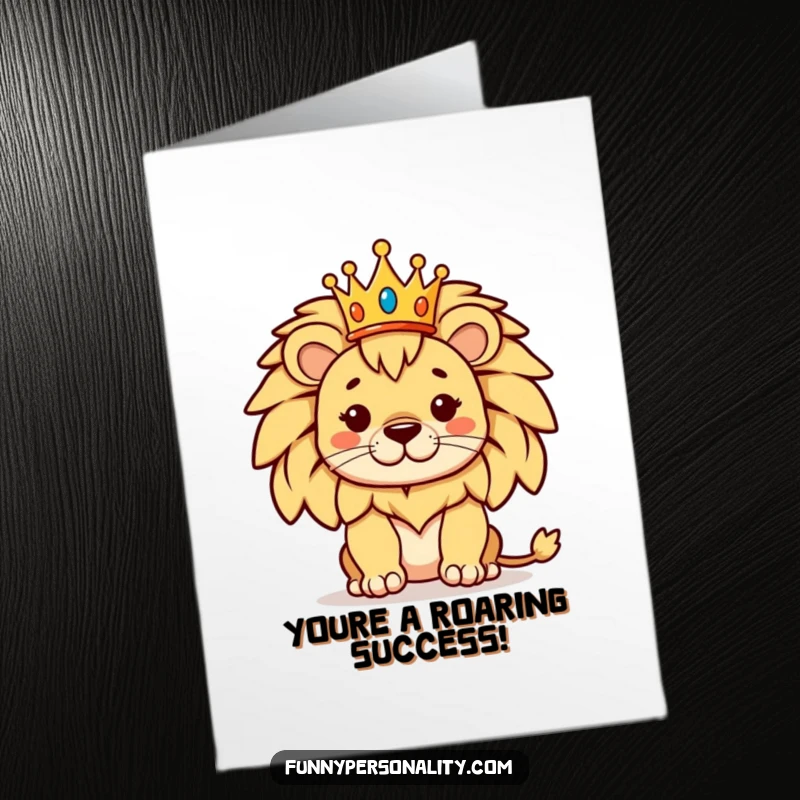 Funny Free Printable Congrats Card: A proud lion wearing a tiny crown, striking a regal pose to celebrate a grand achievement.
