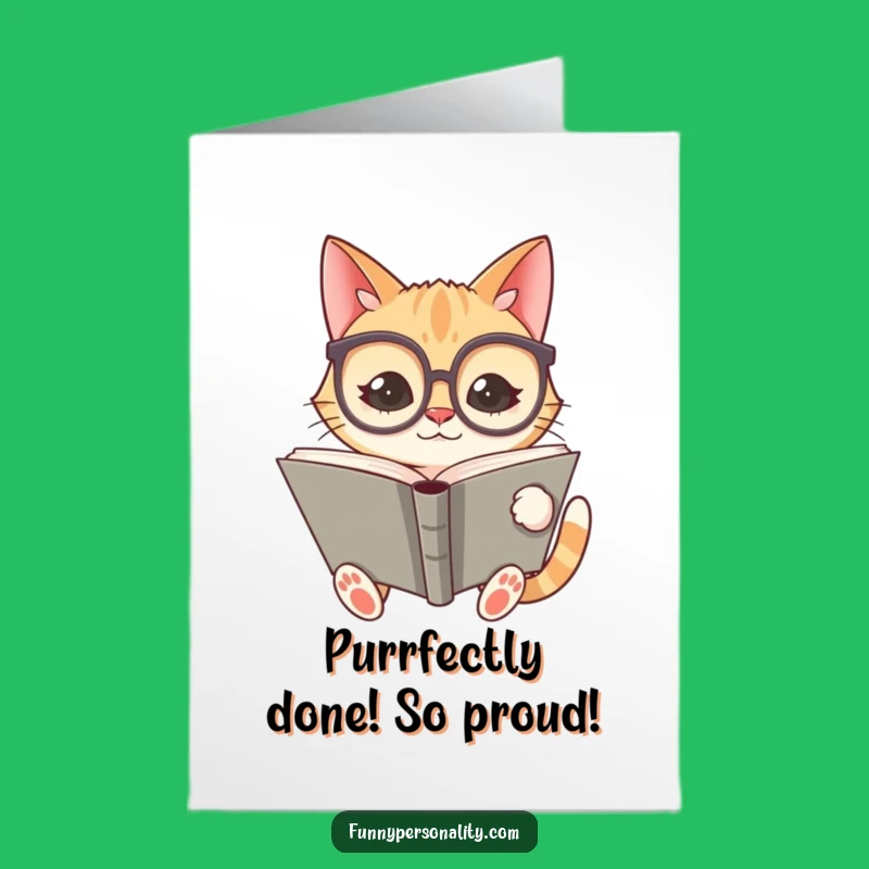 Free Printable Congrats Card: Silly Cat Celebrates with a Giant Book