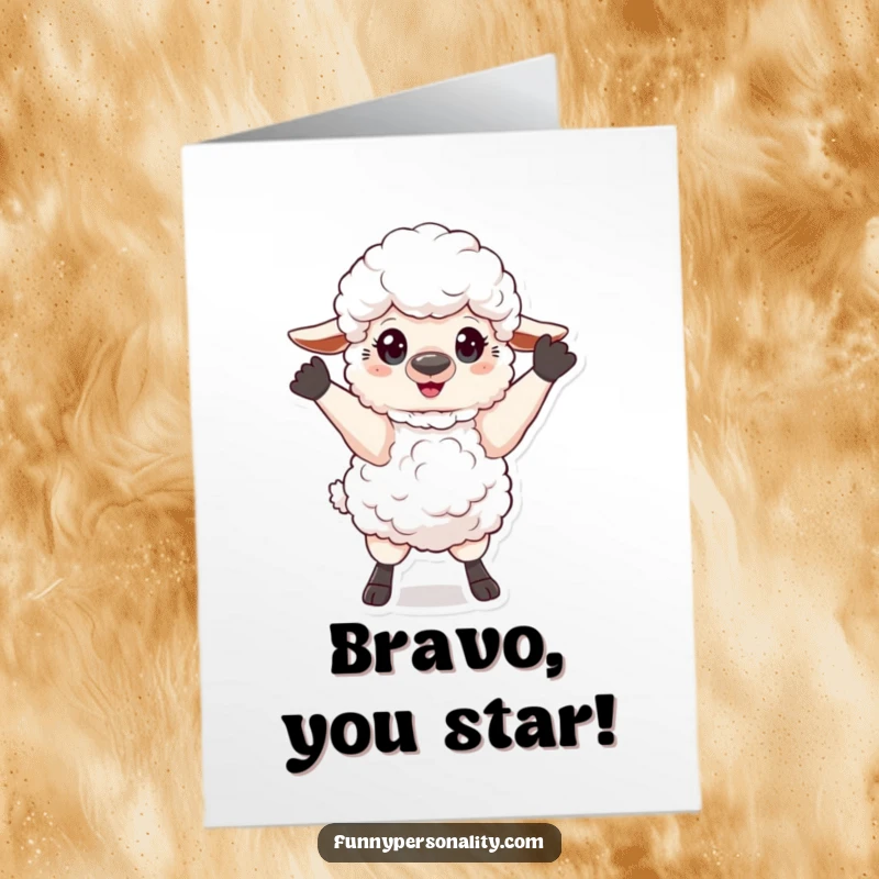 Free Printable Congratulations Card: A fluffy sheep striking an over-the-top, dramatic pose, announcing achievements with flair.