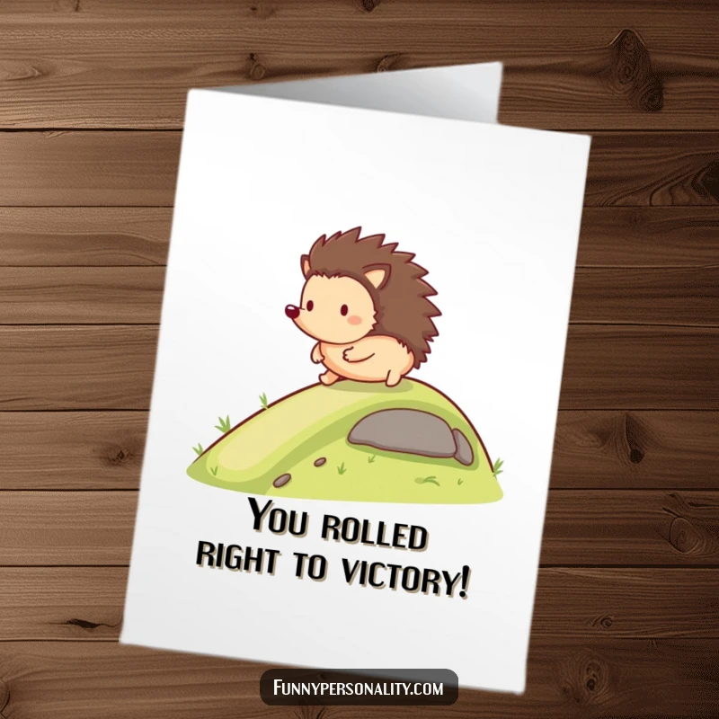 Funny Free Printable Congratulations Card: Happy hedgehog rolling down a slope, a joyful downloadable success.