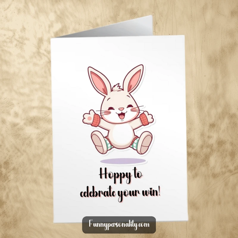 Funny free printable congratulations card of a grinning rabbit leaping joyfully, wearing hilariously large and mismatched socks, a quirky downloadable.