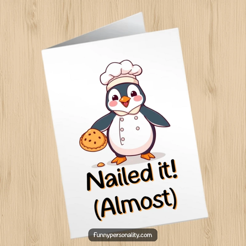 Funny Free Printable Congratulations Card: A clumsy penguin chef drops a pie, a humorous take on celebration. Print at home.
