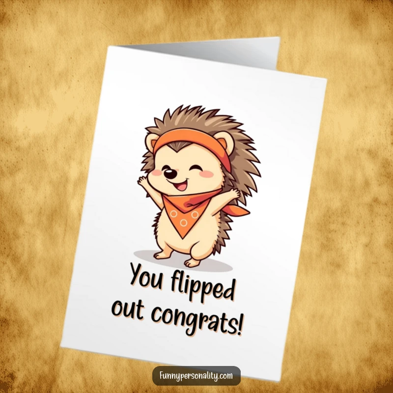 Funny Free Printable Congrats Card: A cheerful hedgehog in a bandana tries a handstand, celebrating their big achievements.