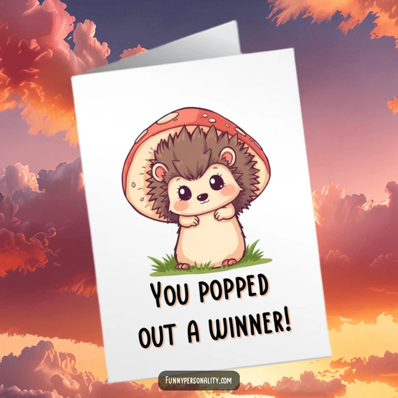 Funny Free Printable Congratulations Card: Hedgehog peeking from behind a mushroom, looking excited and happy for your achievement.