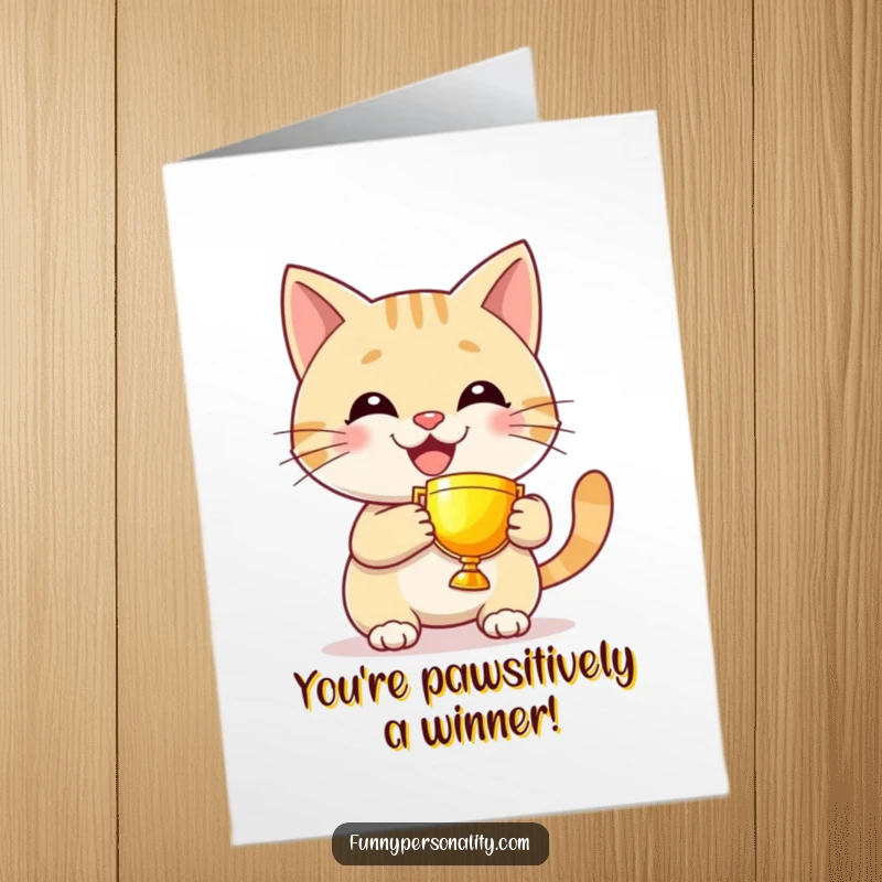 Funny Free Printable Congratulations Card: Smiling cat beams while displaying a small, shining trophy. A celebration gift.
