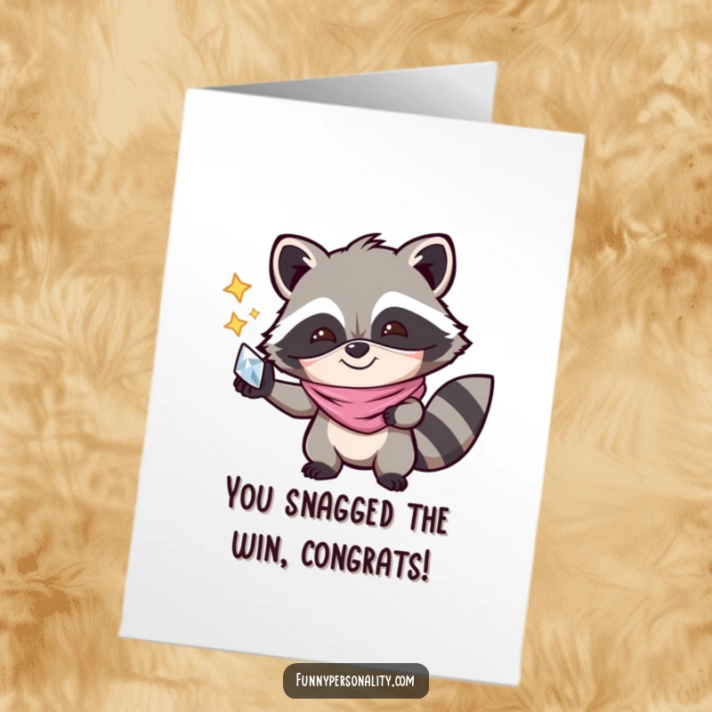 Funny Free Printable Congratulations Card: Joyful raccoon wearing a mask, proudly holding a shiny object, celebrating a great accomplishment.