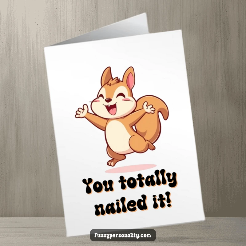 Triumphant free printable squirrel card, an energetic squirrel in a celebratory leap, congratulating success.