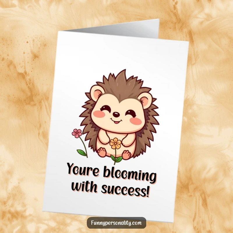 Funny Free Printable Congrats Card: A cheerful hedgehog smiling widely, sharing a happy moment with a small, blooming flower.