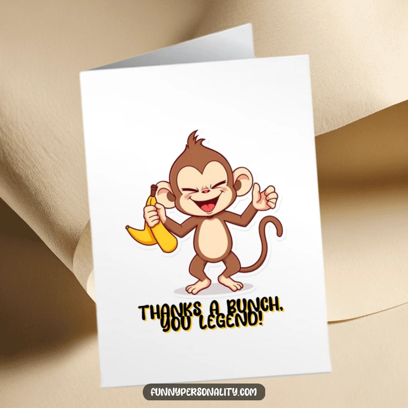 Funny free printable thank you card of a mischievous monkey juggling bananas with a sly smile, a fun way to say thanks.