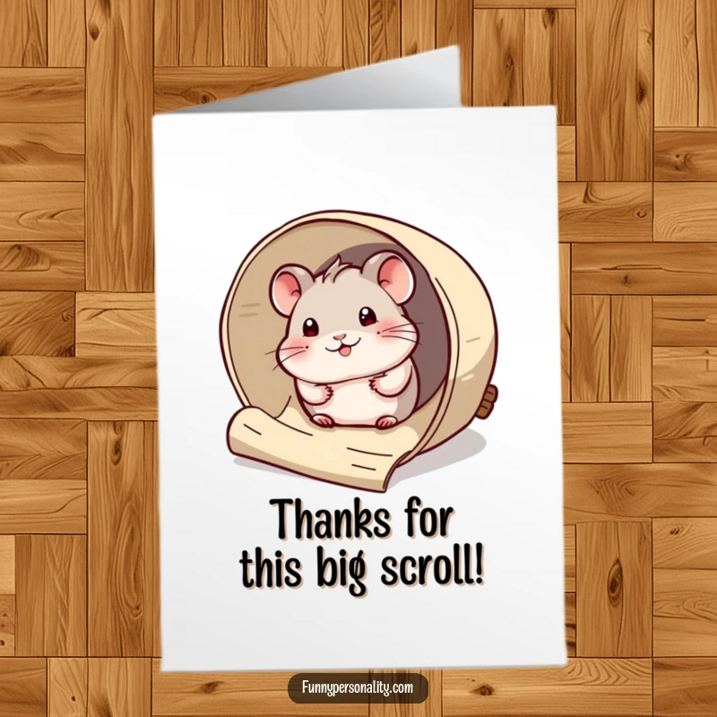 Funny Free Printable Thank You Card: Curious hamster peeking from a scroll, a funny downloadable thanks.