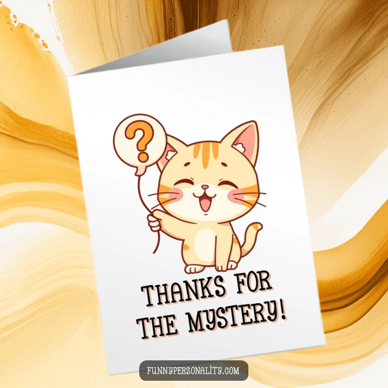 Funny Free Printable Thank You Card: A cat enthusiastically pointing at a floating question mark balloon, hinting at a delightful surprise.