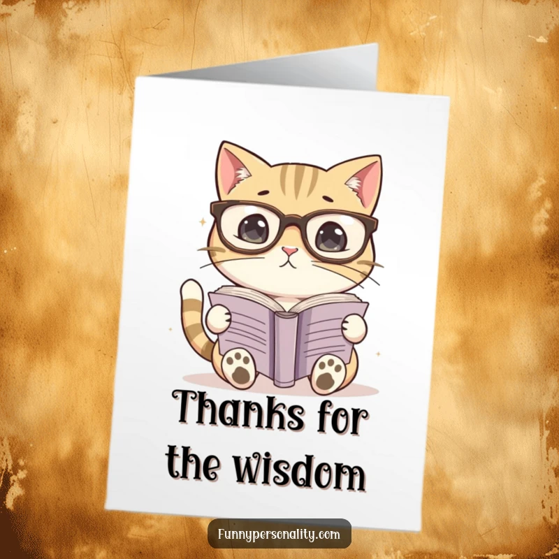 Funny Free Printable Thank You Card: A cat wearing oversized spectacles attempts to decipher the text in a large book.