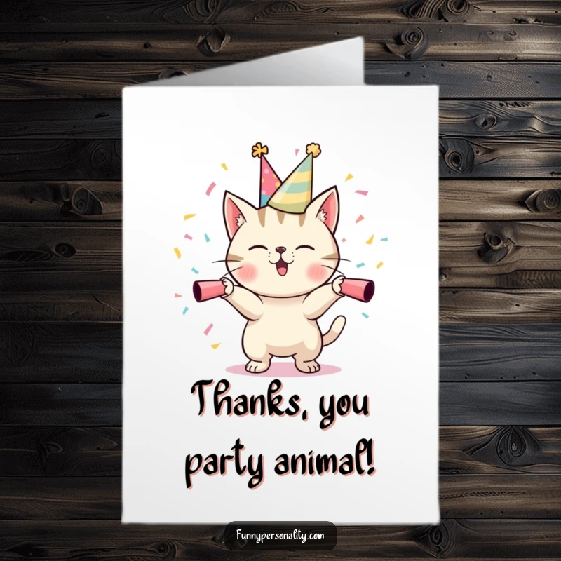 Funny Free Printable Thank You Card: A cat in a party hat launching confetti, expressing thanks.