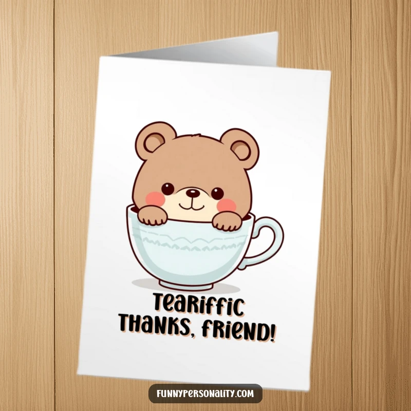 Funny Free Printable Thank You Card: A charming bear curiously examines a giant teacup, offering a sweet thank you from inside.