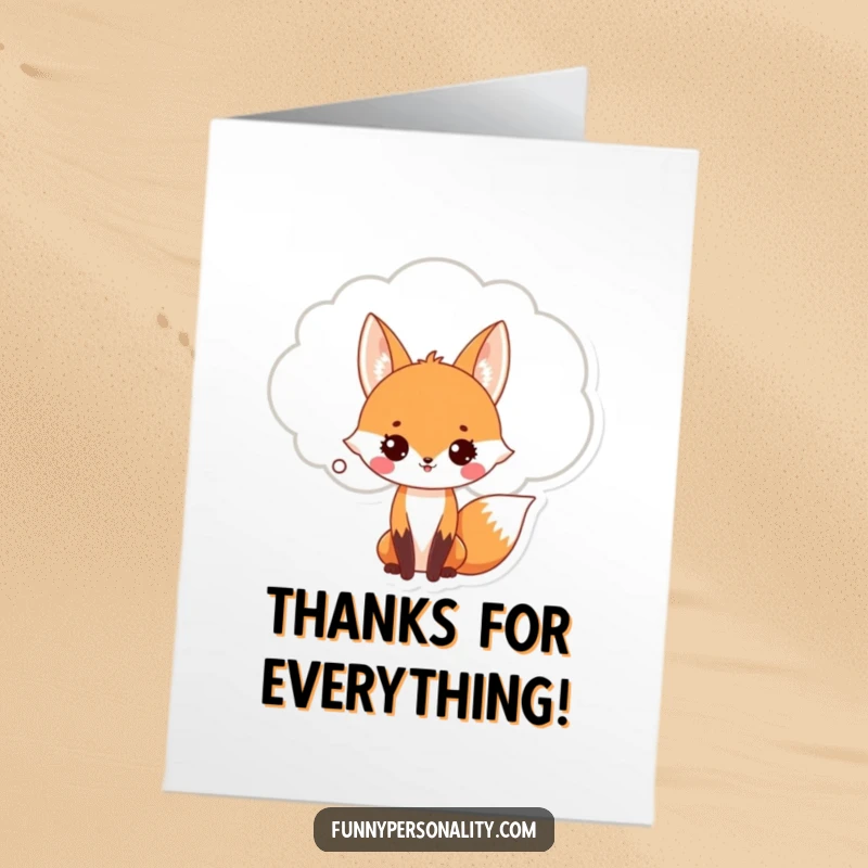 Funny Free Printable Thank You Card: Fox inside a thought bubble, expressing thanks with witty, unspoken words.