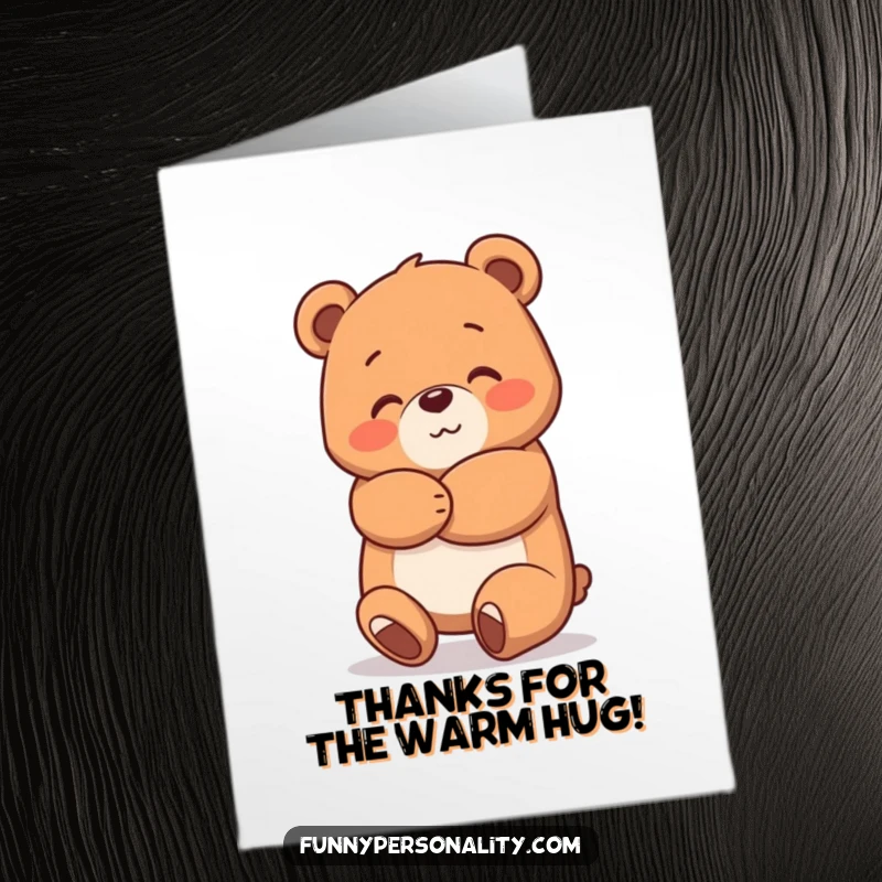 Funny Free Printable Thank You Card depicting a cheerful bear character giving a loving, supportive hug.