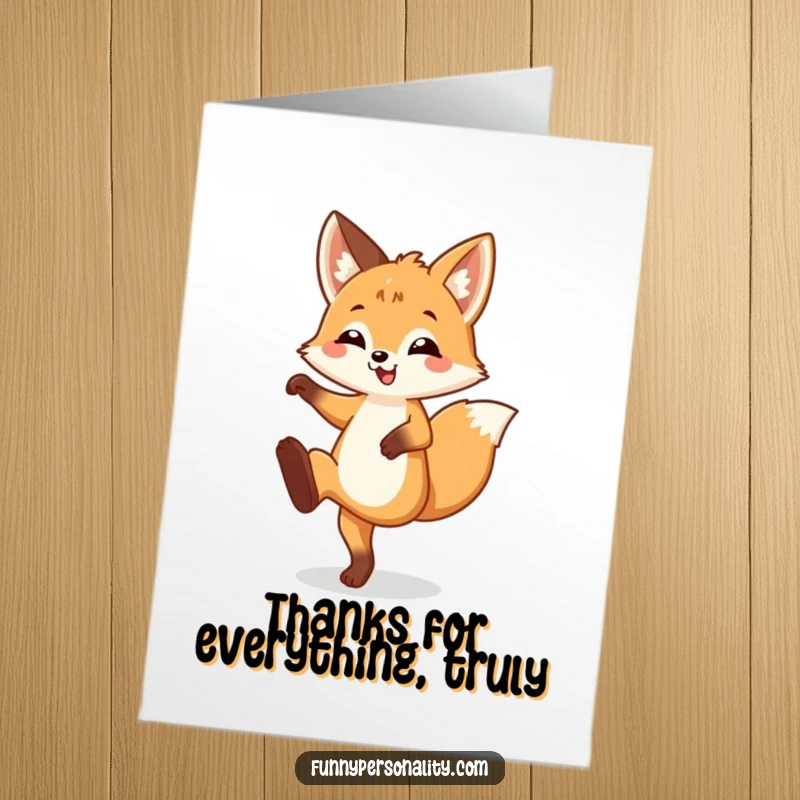 Funny Free Printable Thank You Card: A happy fox cub performs a silly leg kick to express heartfelt thanks.