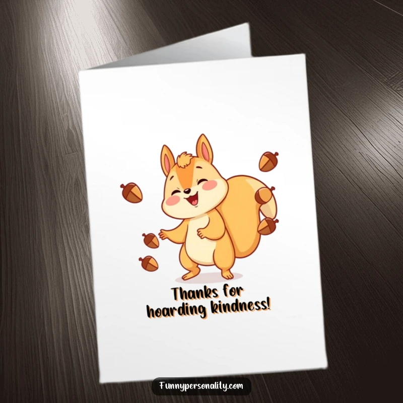 Funny Free Printable Thank You Card: A cheerful squirrel juggling acorns, a delightful and funny way to express gratitude and appreciation.