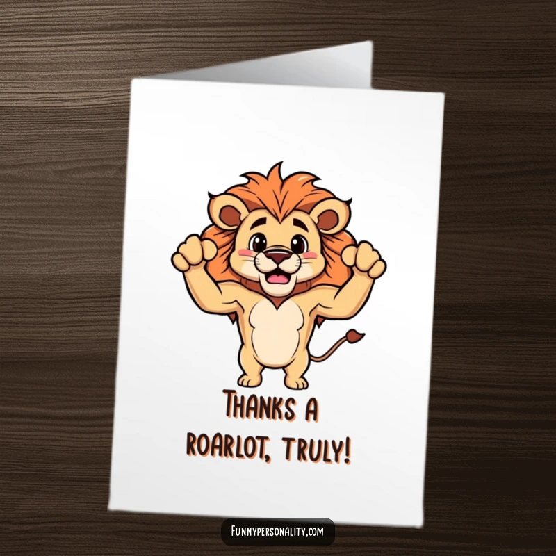 Funny Free Printable Thank You Card: Proud lion flexing its tiny fluffy biceps, expressing gratitude with humor.