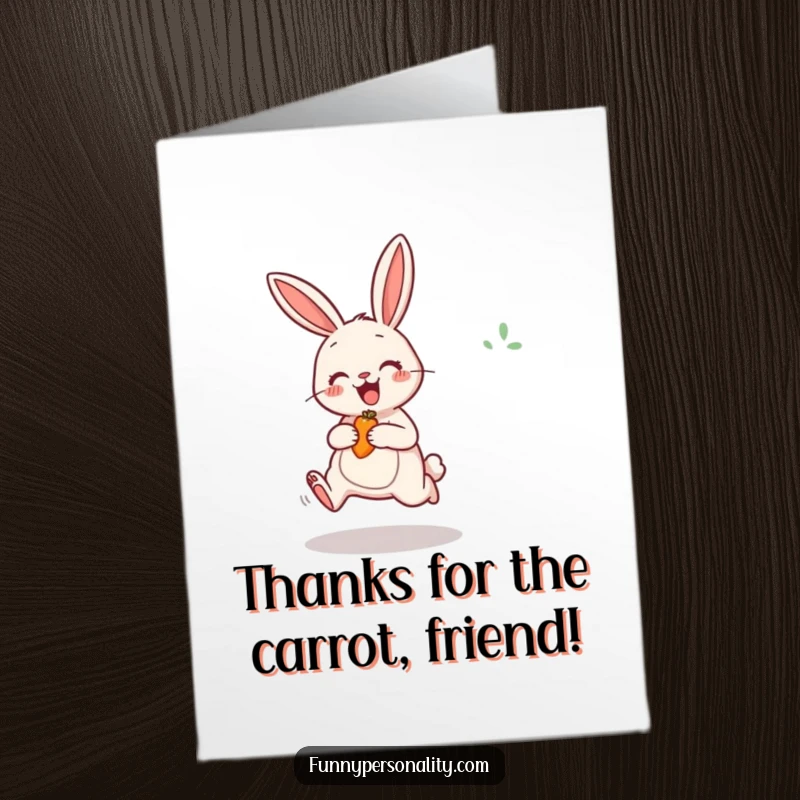 Funny Free Printable Thank You Card: A cheerful rabbit jumping with excitement for a carrot, expressing thanks with delight.