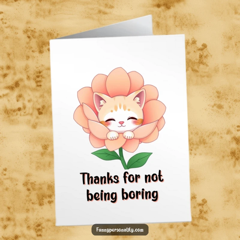 Funny free printable thank you card: A shy cat peeks from behind a colorful flower, conveying thanks with a gentle and endearing gesture.