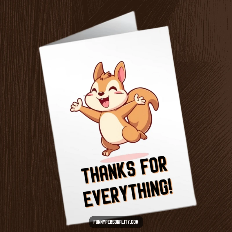 Joyful free printable squirrel card, an energetic squirrel leaping triumphantly, expressing thanks.