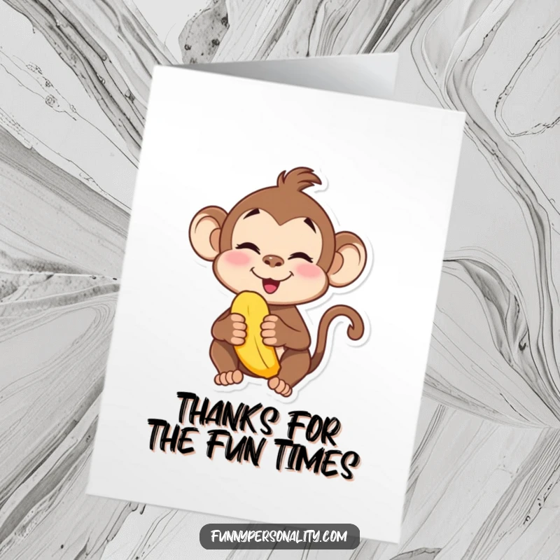 Funny Free Printable Monkey Thank You Card: A playful monkey making a silly face, holding a banana in gratitude.