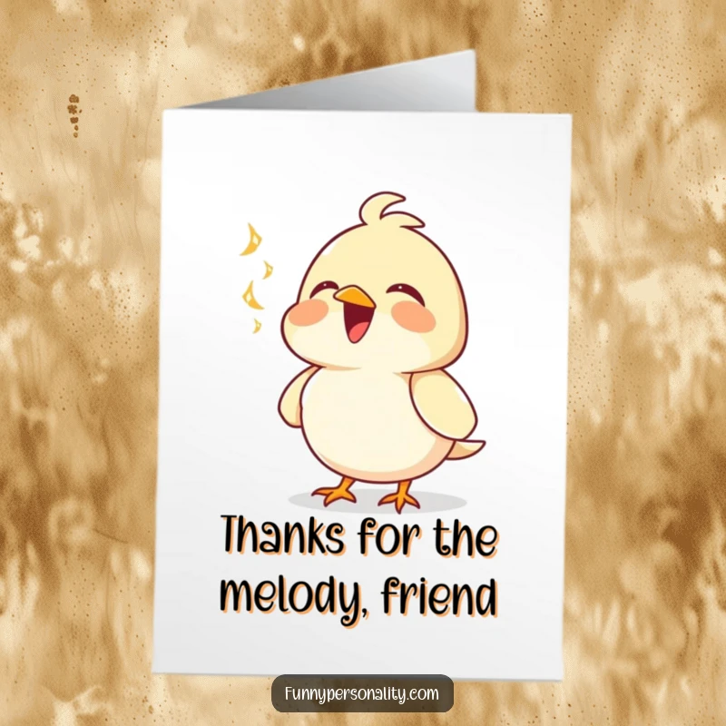 Funny Free Printable Bird Thank You Card: A happy bird serenading with a puffed chest, showing gratitude musically.