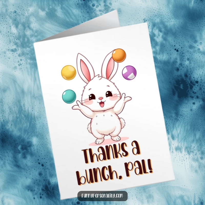 Funny Free Printable Thank You Card: A fluffy bunny skillfully juggles three colorful balls, expressing thanks with a playful flourish.