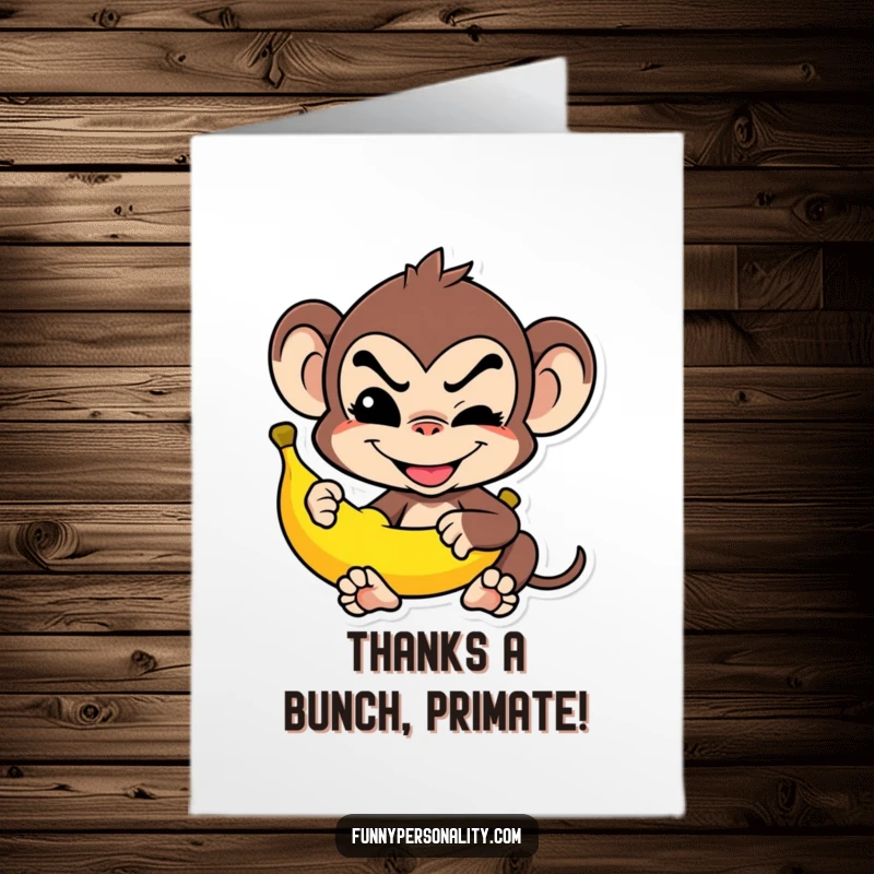 Funny Free Printable Thank You Card: Mischievous monkey balancing a banana, a playful downloadable thanks.