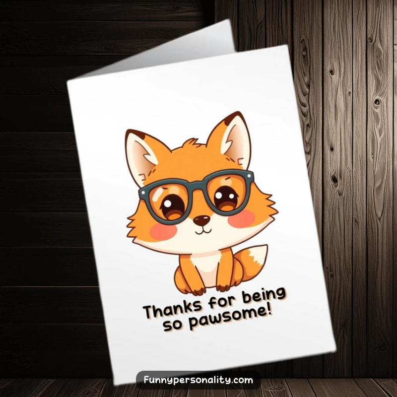 Funny Free Printable Thank You Card: A curious fox wearing big glasses, a unique way to say thanks.
