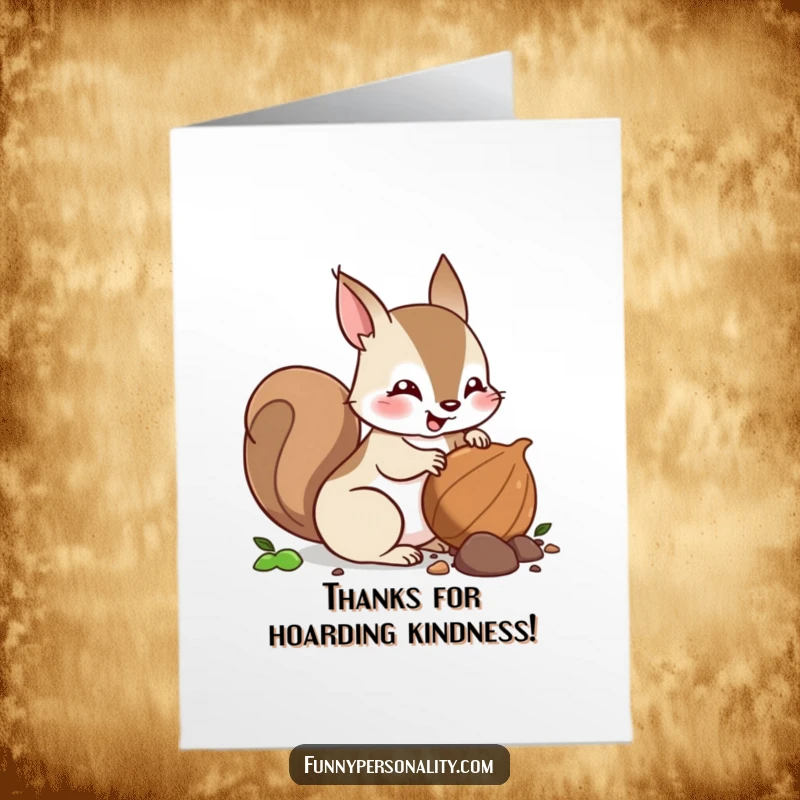 Funny Free Printable Thank You Card: A squirrel character enthusiastically burying a nut, symbolizing thoughtful thanks.