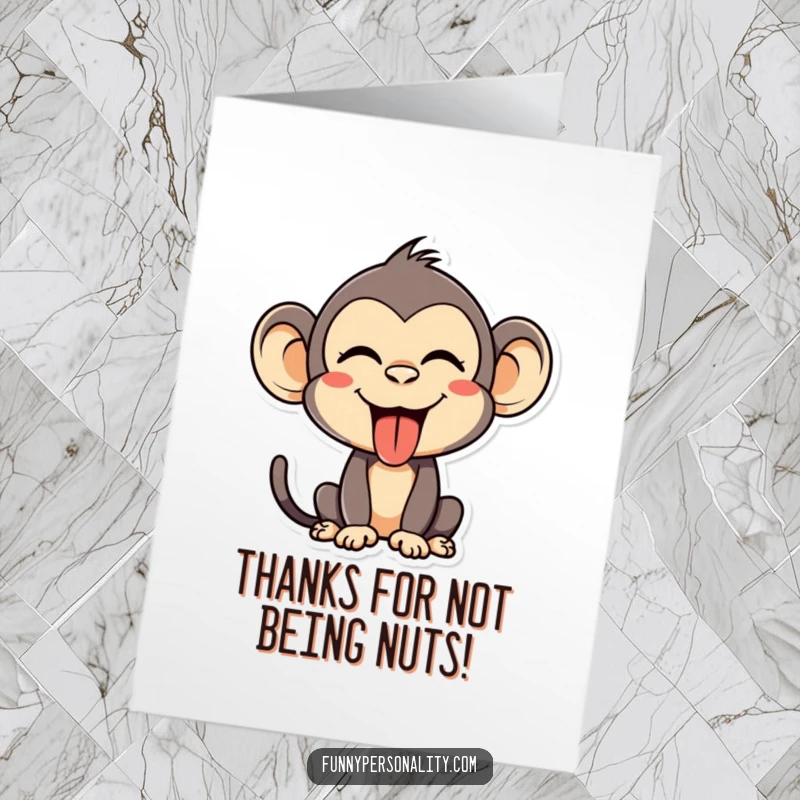 Funny Free Printable Thank You Card: Silly monkey character making a funny face, sticking its tongue out in a quirky thank you gesture.