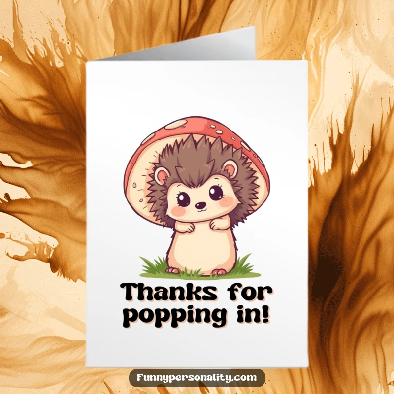 Funny Free Printable Thank You Card: Hedgehog peeking out behind a large mushroom, offering a shy but warm thank you.
