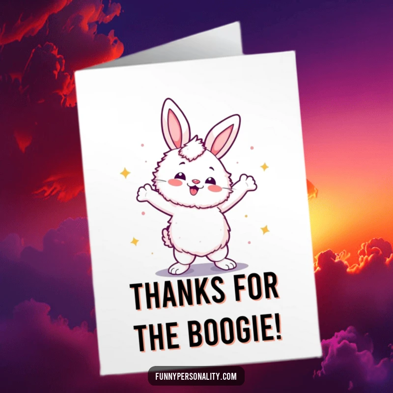 Funny free printable thank you card of a fluffy rabbit striking a confident, retro disco dance pose.