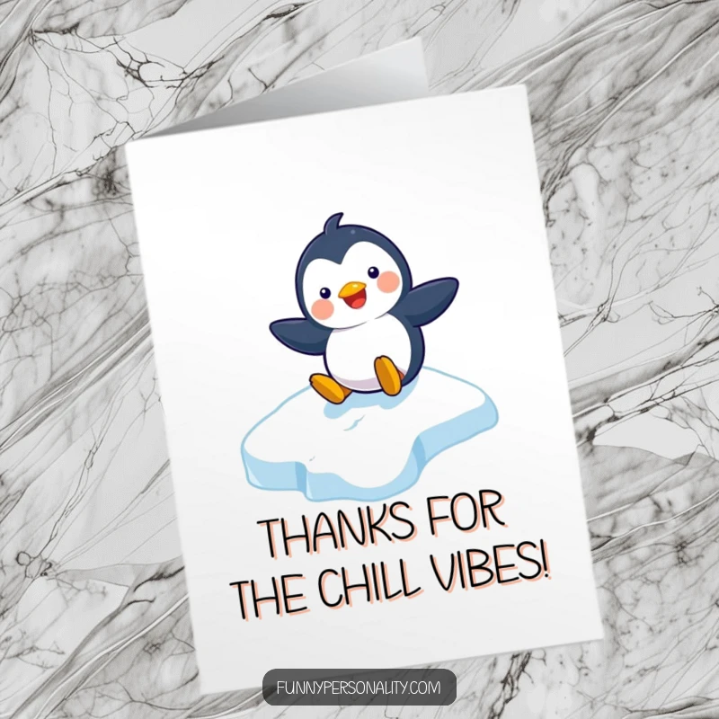Funny Free Printable Thank You Card: Playful penguin cheerfully sliding downhill, conveying thanks with a happy expression.