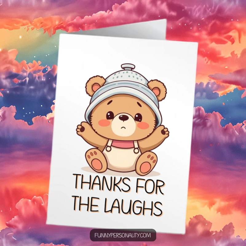 Funny Free Printable Thank You Card: A confused bear cub in a colander hat expresses thanks with a bewildered look.