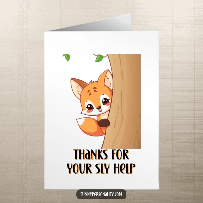 Funny Free Printable Thank You Card: A playful fox with a mischievous grin peeks around a tree, offering thanks with a sly wink.