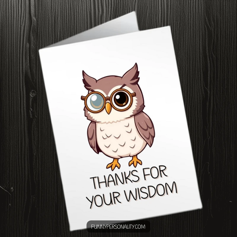 Thoughtful free printable owl card, an owl with a monocle looking wise, expressing thanks.