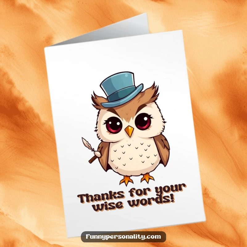Funny Free Printable Thank You Card: Curious owl in a top hat holding a quill, offering a wise and funny thank you message.