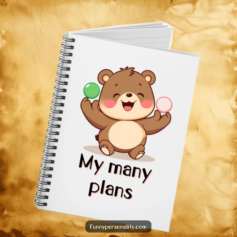 Funny notebook with a joyful bear juggling colorful balls, ideal for writing, journaling, and creative planning.