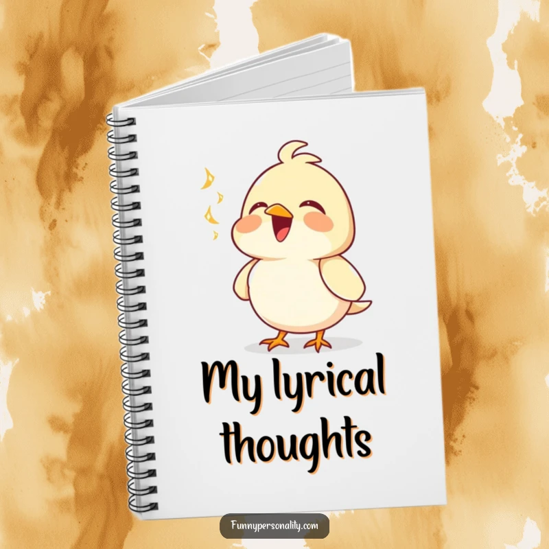 Funny notebook cover with a joyful bird character singing, chest puffed out, inspiring creativity and happy thoughts.