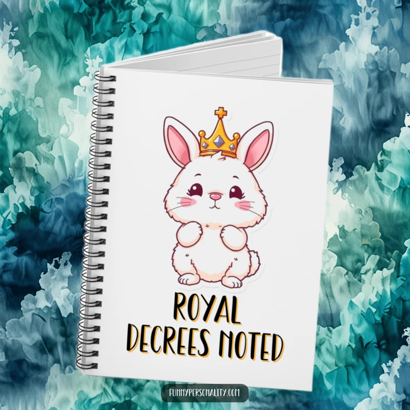 Funny notebook with a fluffy bunny wearing a crown, ideal for journaling and jotting down royal plans.