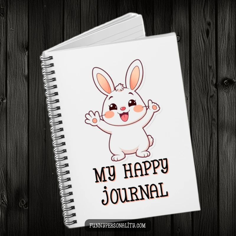 Funny notebook featuring a cheerful cartoon bunny waving happily with a big smile, ideal for notes and daily planning.