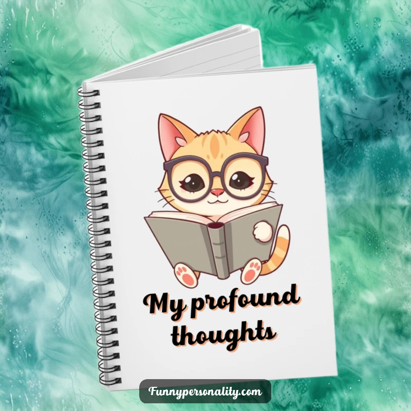 Funny notebook featuring a silly cat wearing oversized spectacles and reading a giant book, ideal for journaling.