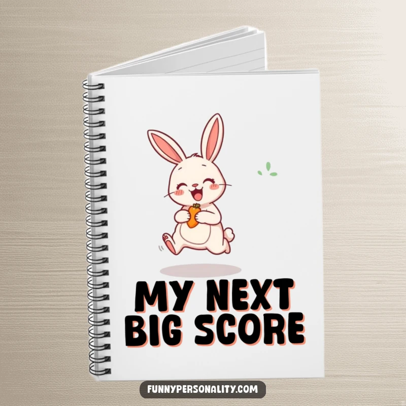 Funny Rabbit Notebook with a cheerful bunny excitedly jumping for a carrot, ideal for capturing motivated thoughts.