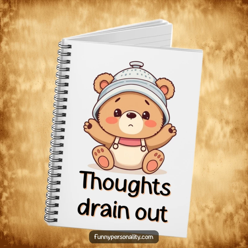 Funny Notebook with a confused bear cub wearing a colander hat, perfect for capturing humorous thoughts.