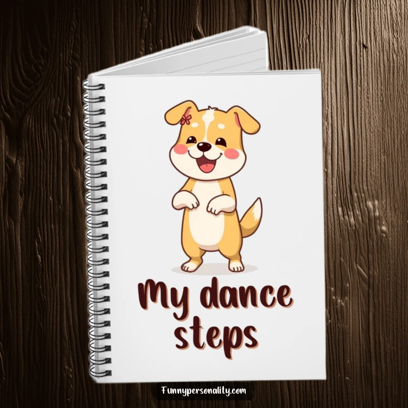 Funny notebook with a cheerful dog doing a silly dance move, ideal for writing, sketching, and planning.